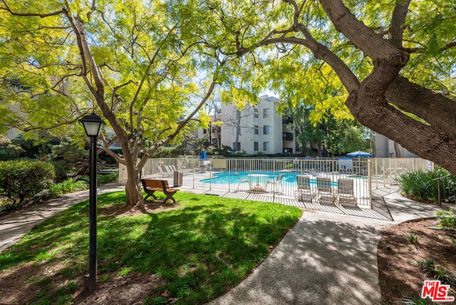 view of pool with a lawn and a patio area