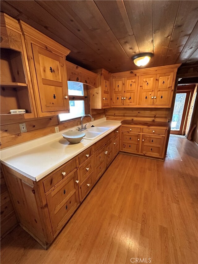 kitchen featuring light hardwood / wood-style flooring, wood walls, a healthy amount of sunlight, and sink