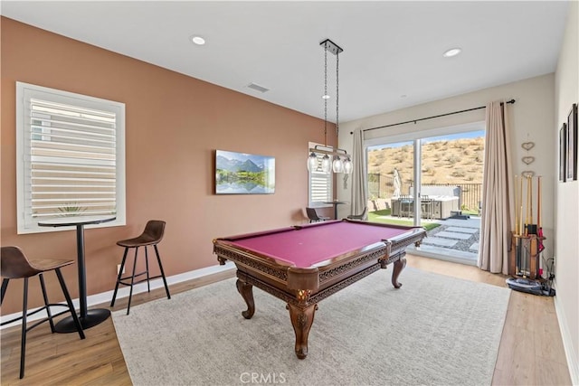 game room featuring pool table and light wood-type flooring