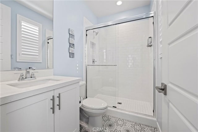 bathroom featuring toilet, tile patterned floors, vanity, and an enclosed shower