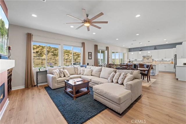 living room with light hardwood / wood-style floors and ceiling fan