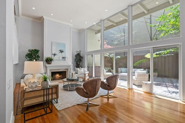 sitting room with a towering ceiling, light hardwood / wood-style floors, and crown molding