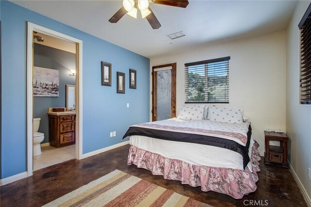 56245 Cobalt Rd, Yucca Valley, CA 92284 - bedroom featuring baseboards, ensuite bathroom, visible vents, and a ceiling fan