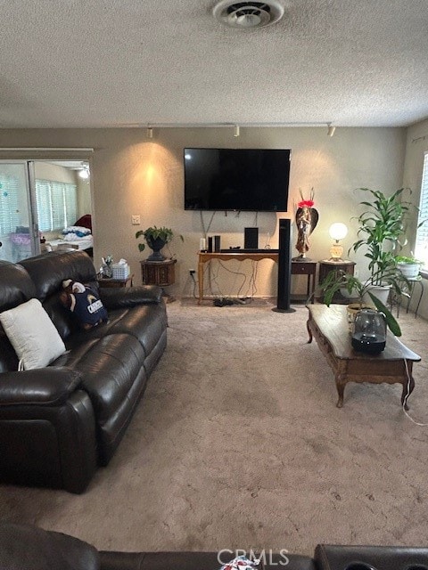 carpeted living room with a textured ceiling