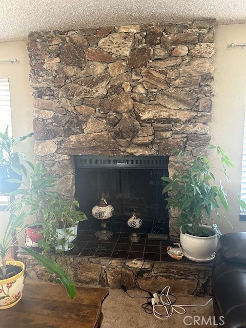 room details with a textured ceiling and a fireplace