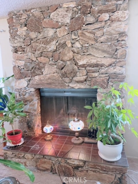 interior details with a stone fireplace