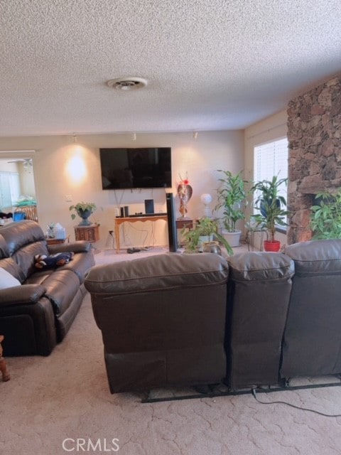 carpeted living room featuring a textured ceiling