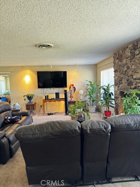 carpeted living room featuring a textured ceiling