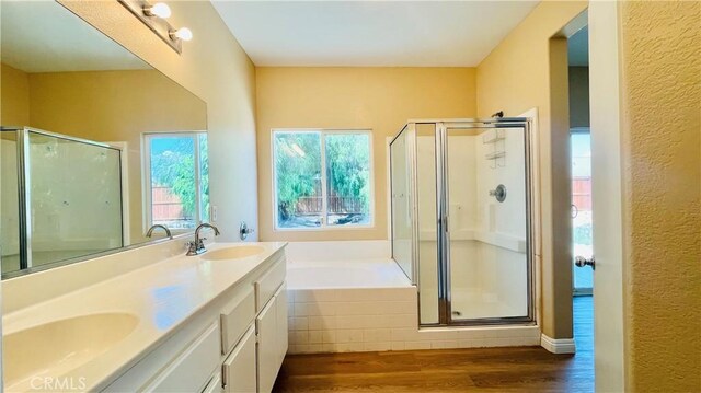 bathroom featuring vanity, plus walk in shower, and hardwood / wood-style floors