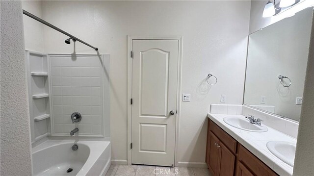 bathroom featuring shower / bathing tub combination, vanity, and tile patterned flooring