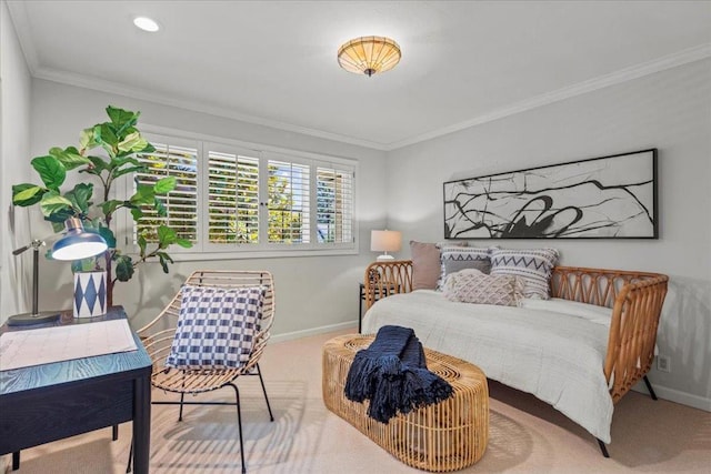 carpeted bedroom with ornamental molding