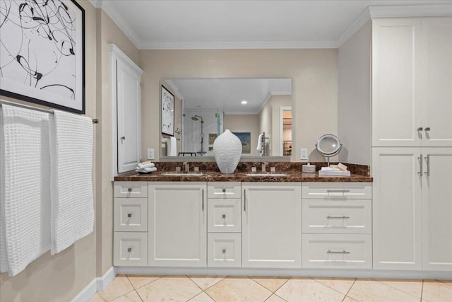 bathroom with an enclosed shower, crown molding, tile patterned floors, and vanity