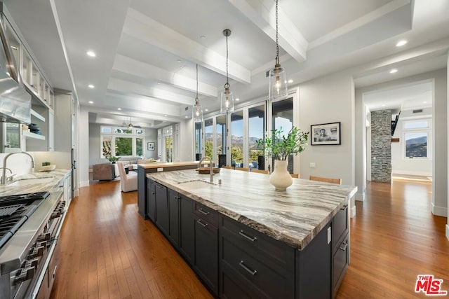 kitchen with a kitchen island, light stone countertops, decorative light fixtures, hardwood / wood-style floors, and sink