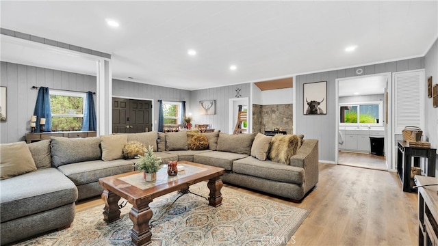 living room with a healthy amount of sunlight and light hardwood / wood-style flooring