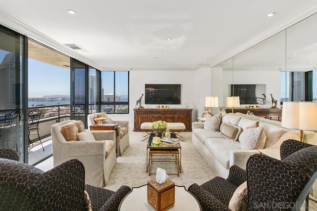 carpeted living room with expansive windows and crown molding