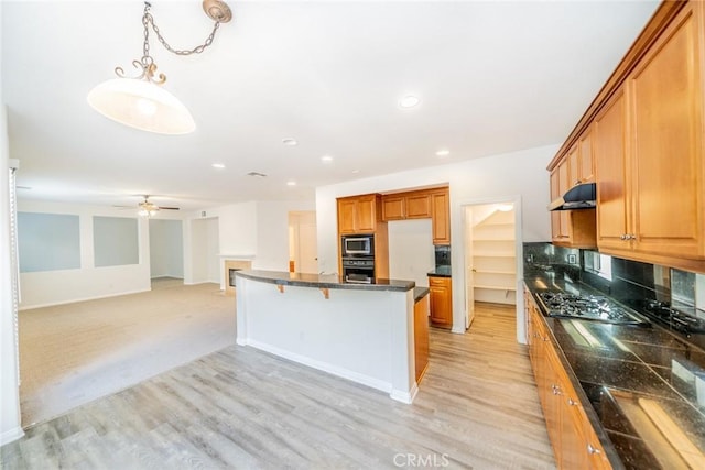 kitchen with tasteful backsplash, brown cabinetry, light wood-style floors, appliances with stainless steel finishes, and under cabinet range hood