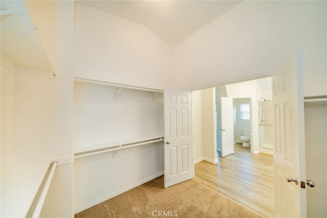 spacious closet featuring vaulted ceiling and carpet floors