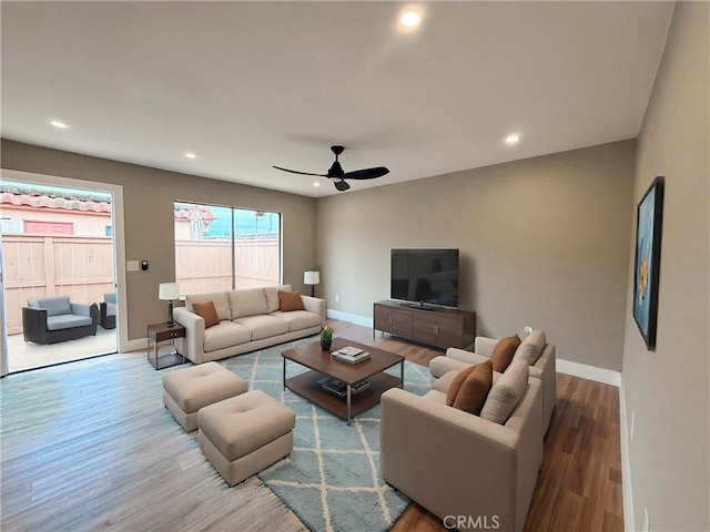 31377 Los Rios St Unit 64F, San Juan Capistrano, CA 92675 - living room featuring baseboards, recessed lighting, ceiling fan, and wood finished floors