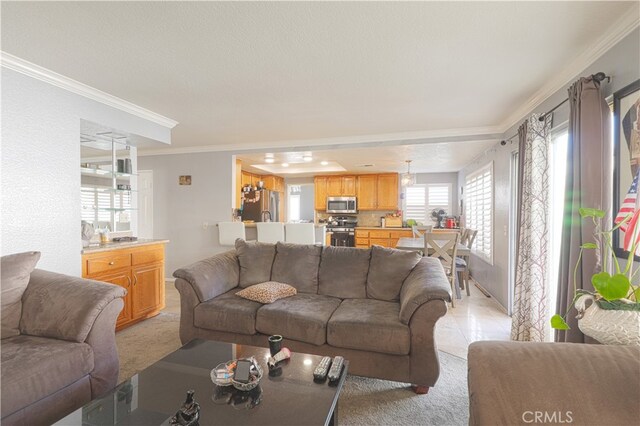 living room with crown molding and light carpet