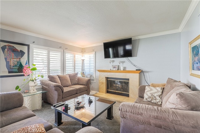 living room with crown molding, a fireplace, light colored carpet, and a textured ceiling