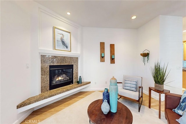 living room with a premium fireplace and hardwood / wood-style floors