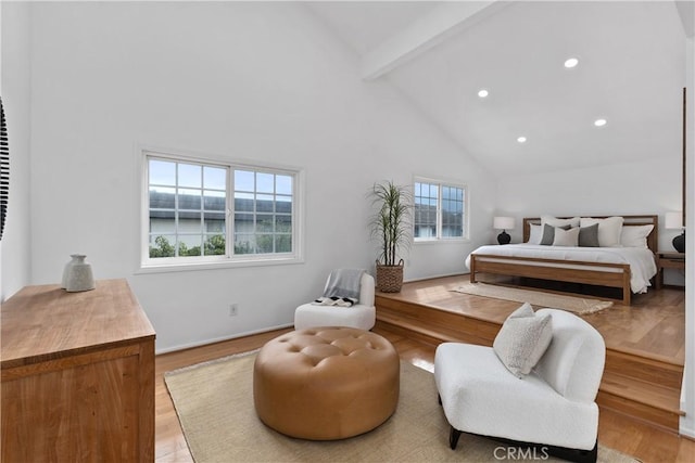 15562 Placid Cir, Huntington Beach, CA 92647 - bedroom featuring beamed ceiling, recessed lighting, light wood-type flooring, and high vaulted ceiling