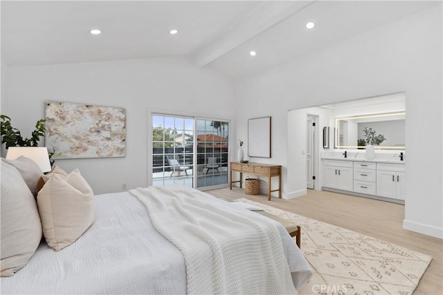 15562 Placid Cir, Huntington Beach, CA 92647 - bedroom with beam ceiling, recessed lighting, light wood finished floors, and baseboards