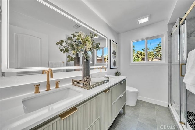 bathroom with tile patterned flooring, vanity, toilet, and a shower with door