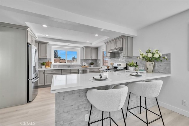 kitchen featuring kitchen peninsula, gray cabinets, and stainless steel appliances