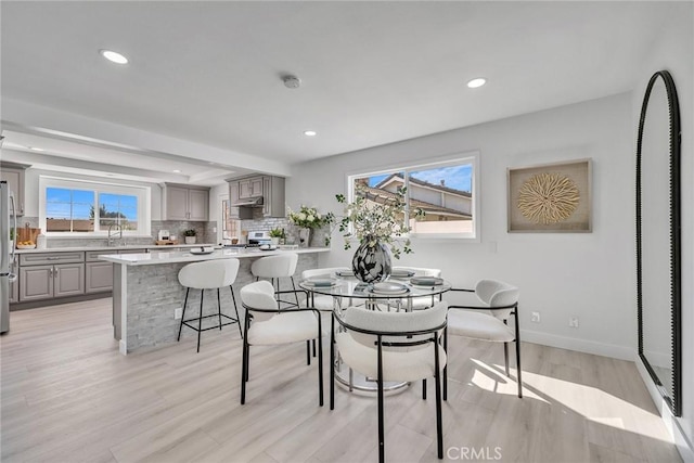 dining room featuring plenty of natural light, sink, and light hardwood / wood-style flooring