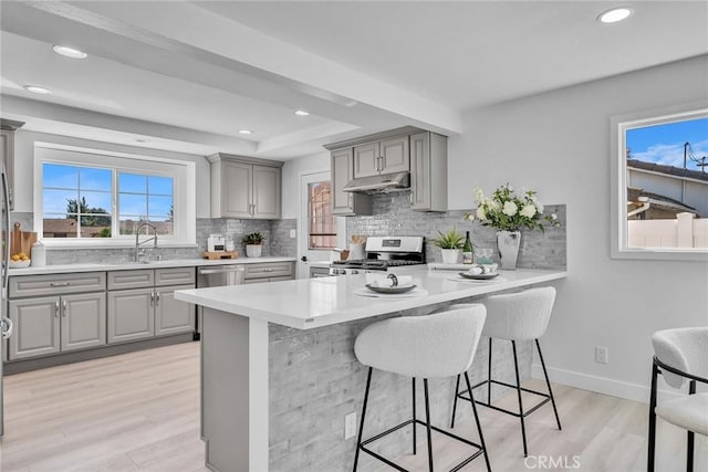 kitchen with a kitchen breakfast bar, kitchen peninsula, light hardwood / wood-style floors, and appliances with stainless steel finishes