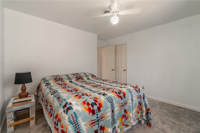 bedroom with light carpet and ceiling fan