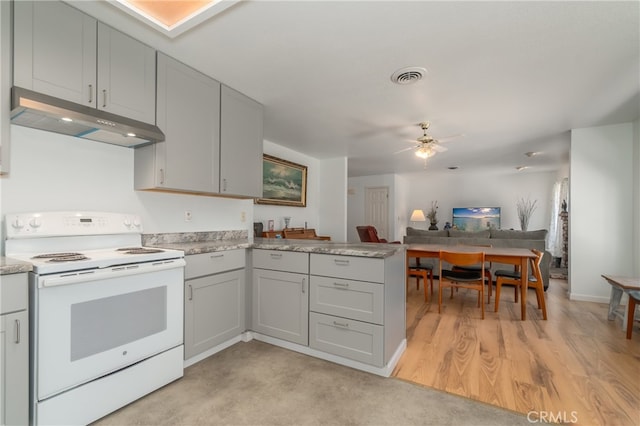 kitchen featuring kitchen peninsula, light hardwood / wood-style flooring, gray cabinetry, white range with electric stovetop, and ceiling fan