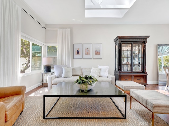 living room featuring light hardwood / wood-style flooring, a wealth of natural light, and a skylight