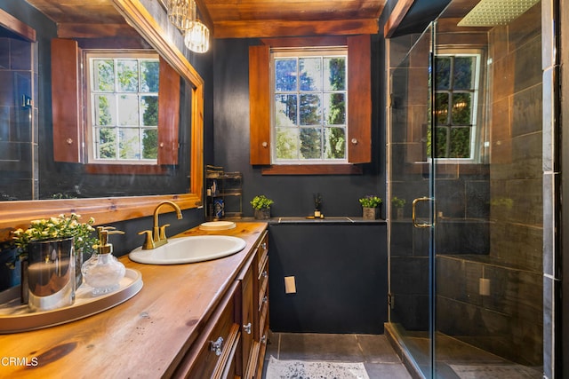 bathroom featuring vanity and a shower with shower door