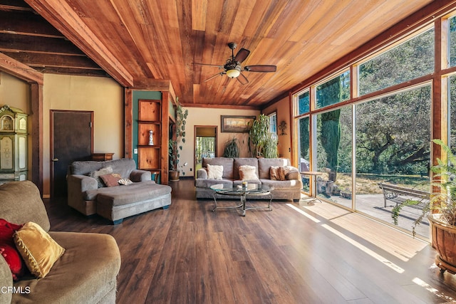 living room featuring wood-type flooring, wood ceiling, and ceiling fan