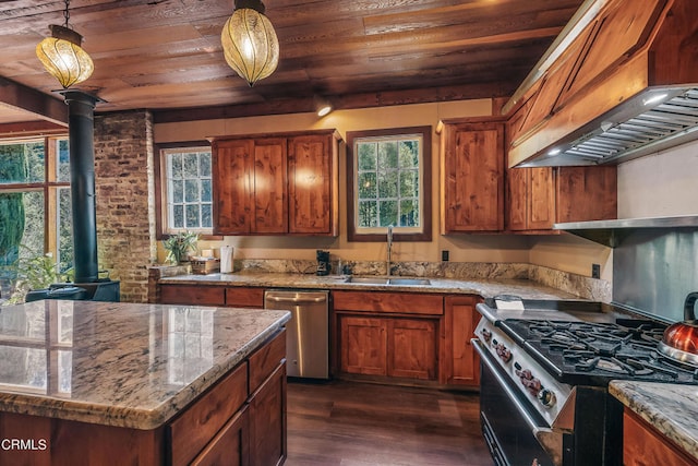 kitchen with appliances with stainless steel finishes, dark hardwood / wood-style floors, a healthy amount of sunlight, and sink