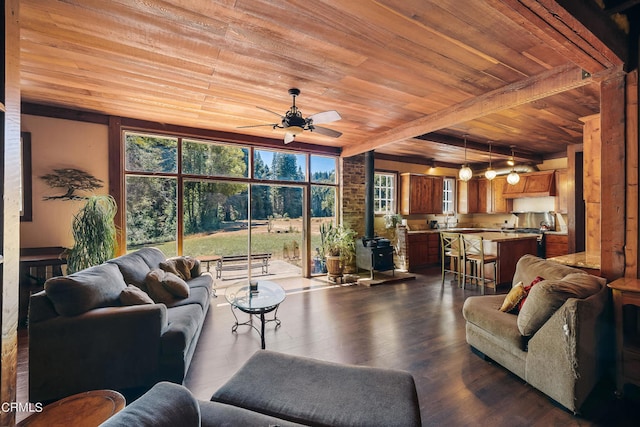 living room with wood ceiling, beam ceiling, dark hardwood / wood-style flooring, and ceiling fan