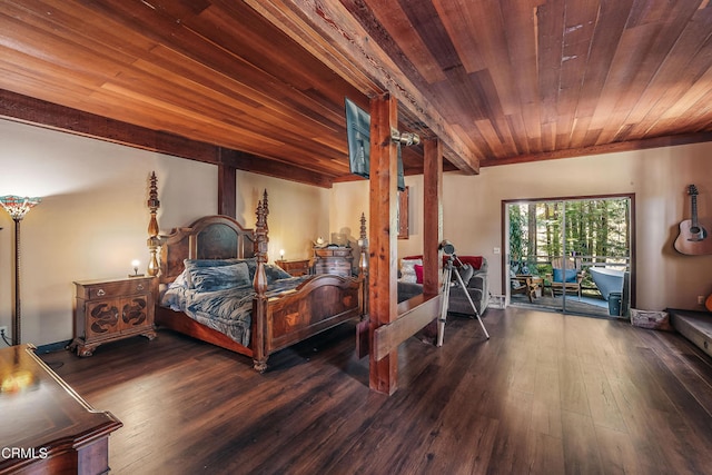 bedroom featuring wood ceiling, access to exterior, and dark wood-type flooring