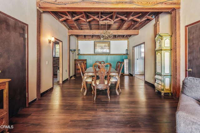 dining area with beamed ceiling, dark hardwood / wood-style floors, and a healthy amount of sunlight