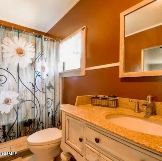 bathroom with walk in shower, lofted ceiling, vanity, and toilet