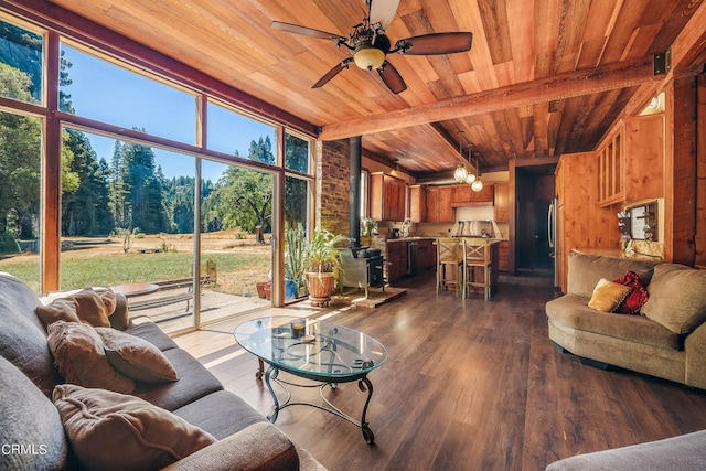 living room featuring ceiling fan, wood ceiling, lofted ceiling with beams, and hardwood / wood-style floors