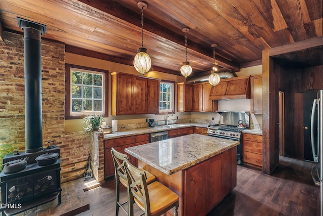 kitchen featuring a wealth of natural light, appliances with stainless steel finishes, and dark wood-type flooring