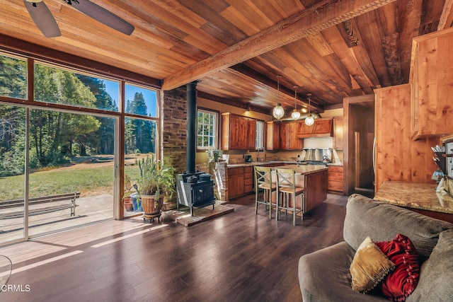 kitchen with dark hardwood / wood-style flooring, a wood stove, and wooden ceiling