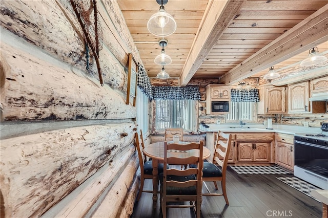 kitchen featuring wooden ceiling, light brown cabinetry, stove, and dark hardwood / wood-style flooring