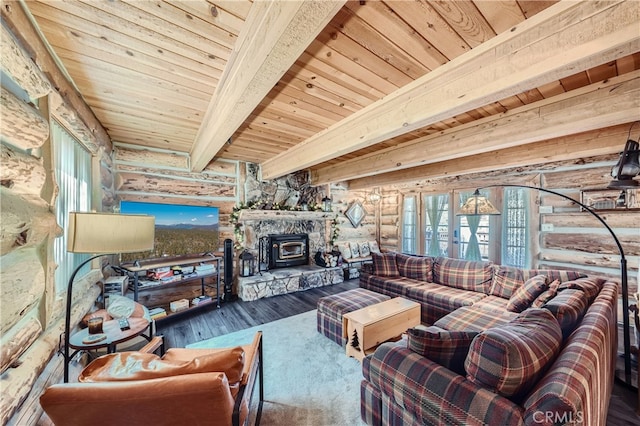 living room featuring hardwood / wood-style flooring, log walls, a wood stove, beam ceiling, and wooden ceiling