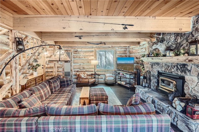 living room featuring beam ceiling, wood ceiling, rustic walls, and hardwood / wood-style floors