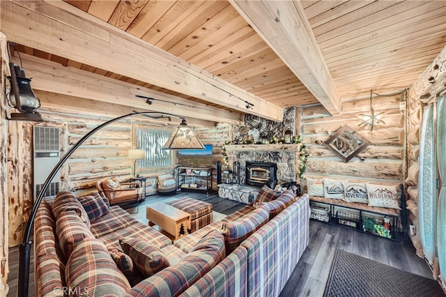 unfurnished living room featuring wood ceiling, log walls, dark wood-type flooring, a wood stove, and beam ceiling