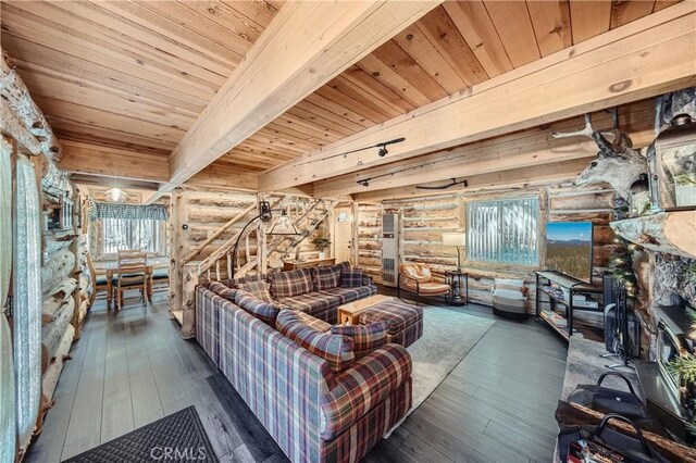 living room with wood ceiling, log walls, and dark hardwood / wood-style flooring