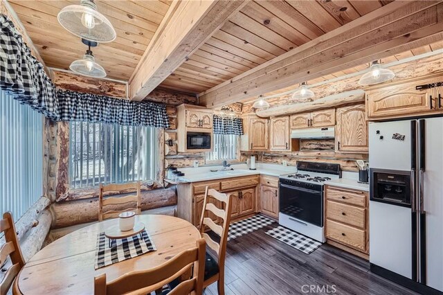 kitchen with wood ceiling, white appliances, dark hardwood / wood-style floors, and decorative light fixtures